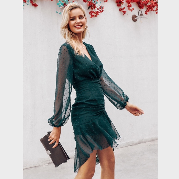 Rouge! Dresses & Skirts - Polka Dot Ruffle Ruched V-Neck Sheath Green Dress